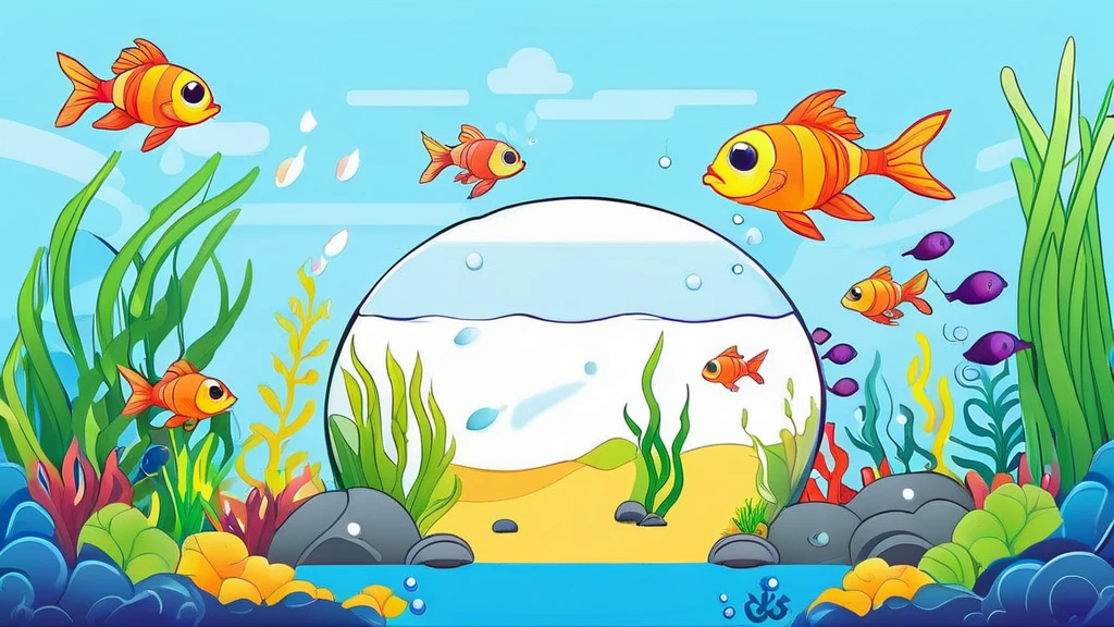 a group of fish in aquascape scenery, coloring page for kids, happy, smiling, vector art, minimalistic, vector 2d, coloring page for beginners, vector illustration, pencil strokes, colorfull, drawing for coloring, pixar style,