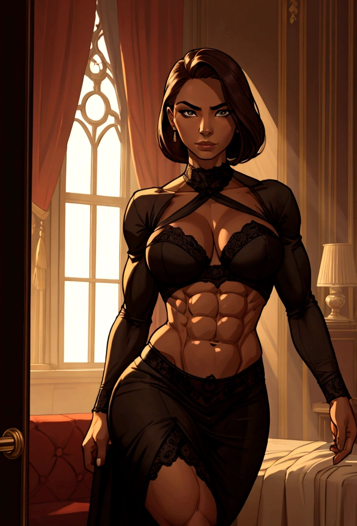 1female solo girl, standing, legs apart (wide stance) standing contrapposto, ultra-detailed, cute (Android 18) from DBZ, love hotel background, pink bedroom