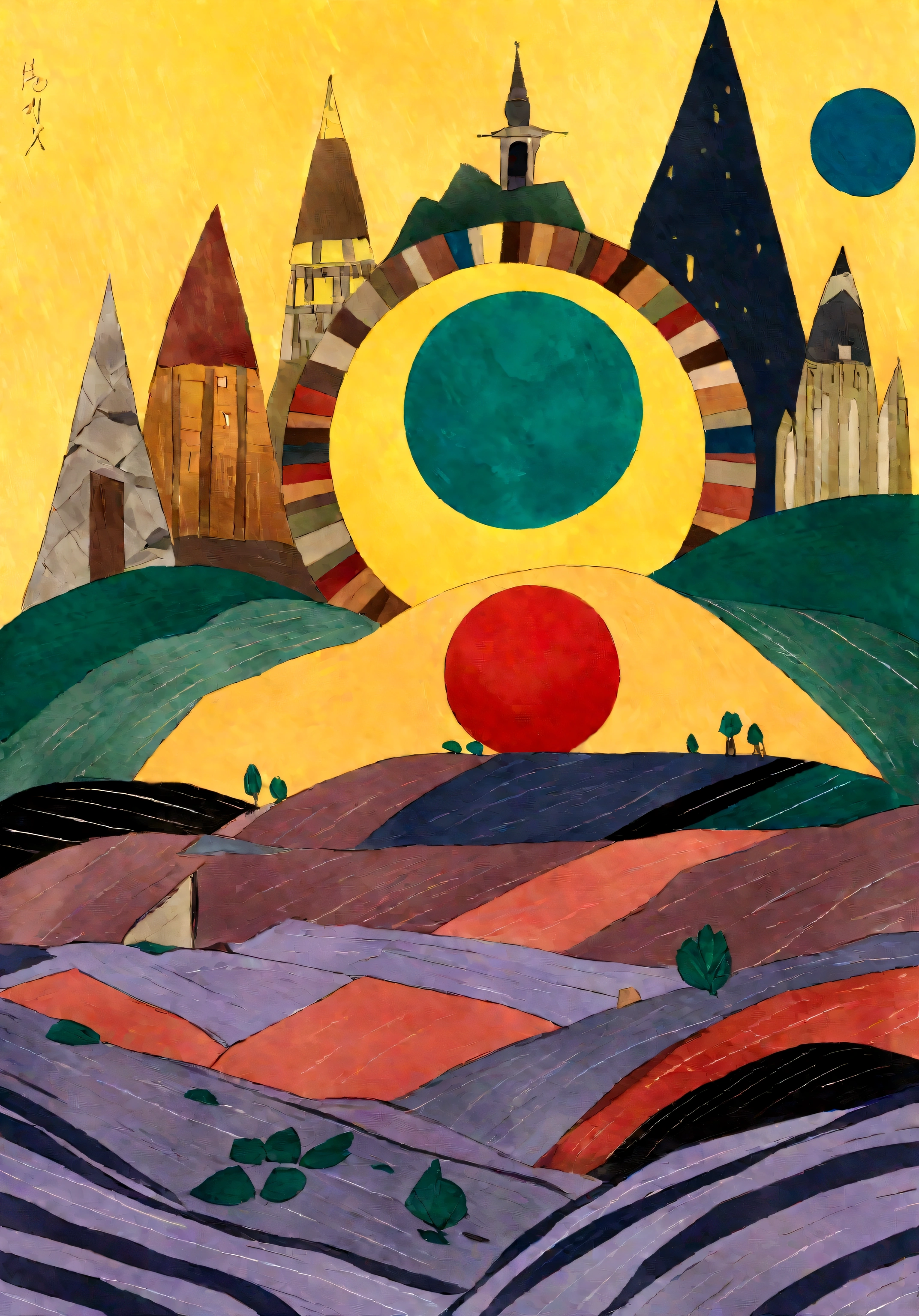 Contemporary painting、Semi-figurative and semi-abstract paintings、White background、oil、drawing、Bold and unpredictable brushstrokes（Grabbing）、A green sun in the upper left corner of the screen、Cobalt Blue Lines、Red color block、yellow stain、黒いdrawingの線、Thin green etched lines、Pencil lines、Vermillion Lines、Royal blue chunks、Green sphere、Red triangle、Black Volcano（Graphical Image）、The words of a poem are faintly drawn, and are indecipherable.（The jade sun shines in the distance）、A touch of impressionism、Surrealism、Cubist composition at the bottom of the screen、Five damaged Renaissance-style human figures at the bottom of the painting（Transmittance 20%）、Tropical plants（Pandanus）、Animals like those in the Lascaux caves（Transmittance 50%）、Tokyo skyscrapers、Gauguin-like unrealistic color composition、The dense forests of Iriomote Island、Daytime、The sun is shining、A leuconoe butterfly is flying、The entrance to the limestone cave is visible、A high school girl in uniform is standing、 Painting scene： 「god々is staring into the abyss and holding a dinner。」