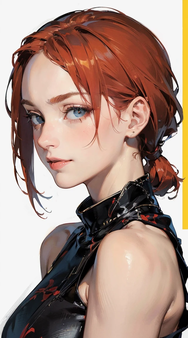 ((masterpiece:1.4)), high quality, very_high_resolution, large_filesize, full color, heavy outline, clear outline, colorful, (beautiful detailed eyes), ((beautiful face:1.0)), ((boyish face:1.4)), 1 girl, (femaleranma), (red hair), short hair, (braided ponytail), ((bangs)), bumpy bangs, blue-gray eyes, big breasts, curvy, femaleranma, braided ponytail, (red chinese clothes), sleeveless, tangzhuang, black pants, cameltoe, standing, upper body, ((from front:1.4)), ((portrait:1.8)), ((face focus:1.4)), (smug face), (masterpiece, 8K, highest quality, Very detailed, 1 mature woman), (Consistent personality, Same character), (Blonde Hair, Yellow Eyes), (Very detailed face and skin texture, Fine grain), Wicked Smile, Large Breasts, alone, (Maid), White Background, Bare shoulders, Captivating smile, (Multiple Views, multiple angles), Side view, Front view, look up, Looking down, Rear view, 20-degree head view