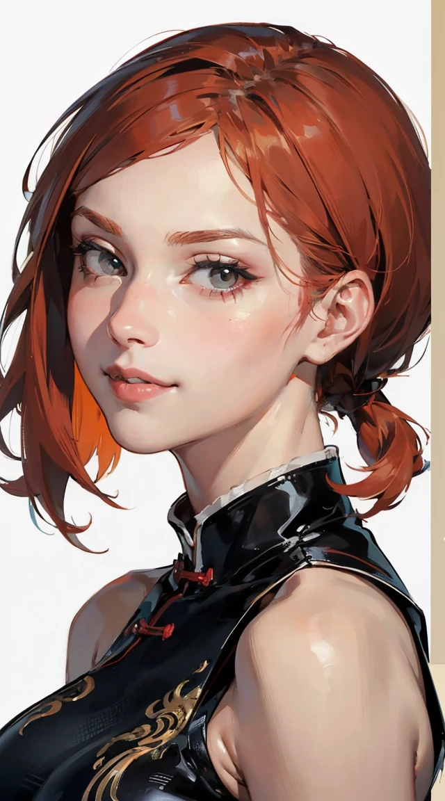 ((masterpiece:1.4)), high quality, very_high_resolution, large_filesize, full color, heavy outline, clear outline, colorful, (beautiful detailed eyes), ((beautiful face:1.0)), ((boyish face:1.4)), 1 girl, (femaleranma), (red hair), short hair, (braided ponytail), ((bangs)), bumpy bangs, blue-gray eyes, big breasts, curvy, femaleranma, braided ponytail, (red chinese clothes), sleeveless, tangzhuang, black pants, cameltoe, standing, upper body, ((from front:1.4)), ((portrait:1.8)), ((face focus:1.4)), (smug face),　　(masterpiece, 8K, highest quality, Very detailed, 1 mature woman), (Consistent personality, Same character), (Blonde Hair, Yellow Eyes), (Very detailed face and skin texture, Fine grain), Wicked Smile, Large Breasts, alone, (Maid), White Background, Bare shoulders, Captivating smile, (Multiple Views, multiple angles), Side view, Front view, look up, Looking down, Rear view, 20-degree head view