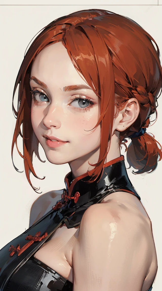 ((masterpiece:1.4)), high quality, very_high_resolution, large_filesize, full color, heavy outline, clear outline, colorful, (beautiful detailed eyes), ((beautiful face:1.0)), ((boyish face:1.4)), 1 girl, (femaleranma), (red hair), short hair, (braided ponytail), ((bangs)), bumpy bangs, blue-gray eyes, big breasts, curvy, femaleranma, braided ponytail, (red chinese clothes), sleeveless, tangzhuang, black pants, cameltoe, standing, upper body, ((from front:1.4)), ((portrait:1.8)), ((face focus:1.4)), (smug face), (masterpiece, 8K, highest quality, Very detailed, 1 mature woman), (Consistent personality, Same character), (Blonde Hair, Yellow Eyes), (Very detailed face and skin texture, Fine grain), Wicked Smile, Large Breasts, alone, (Maid), White Background, Bare shoulders, Captivating smile, (Multiple Views, multiple angles), Side view, Front view, look up, Looking down, Rear view, 20-degree head view