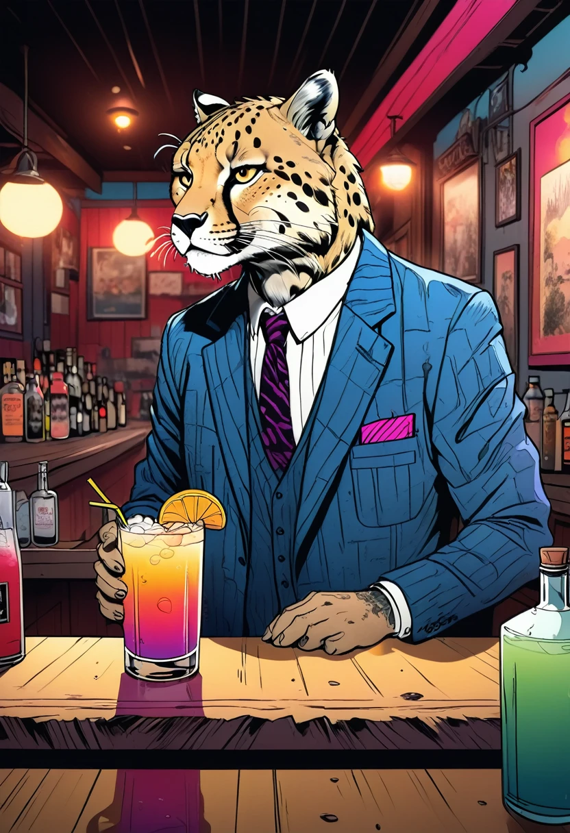 In a remote mountain bar run by a wildcat monster、Cheetah bartender shaking a cocktail shaker、Ultra-realistic、8K、Very detailed、Dramatic lighting、Exquisite detail、Cinematic、Moody atmosphere、Dark and gritty、Sharp focus、Cinematic照明、Photorealistic、Super detailed、masterpiece、Super detailed、Extremely high quality、Realistic Textures、Accurate Details、Bright colors、Intense shadows and highlights、Moody colors、Dramatic Contrast、Cinematic構成、Professional Quality