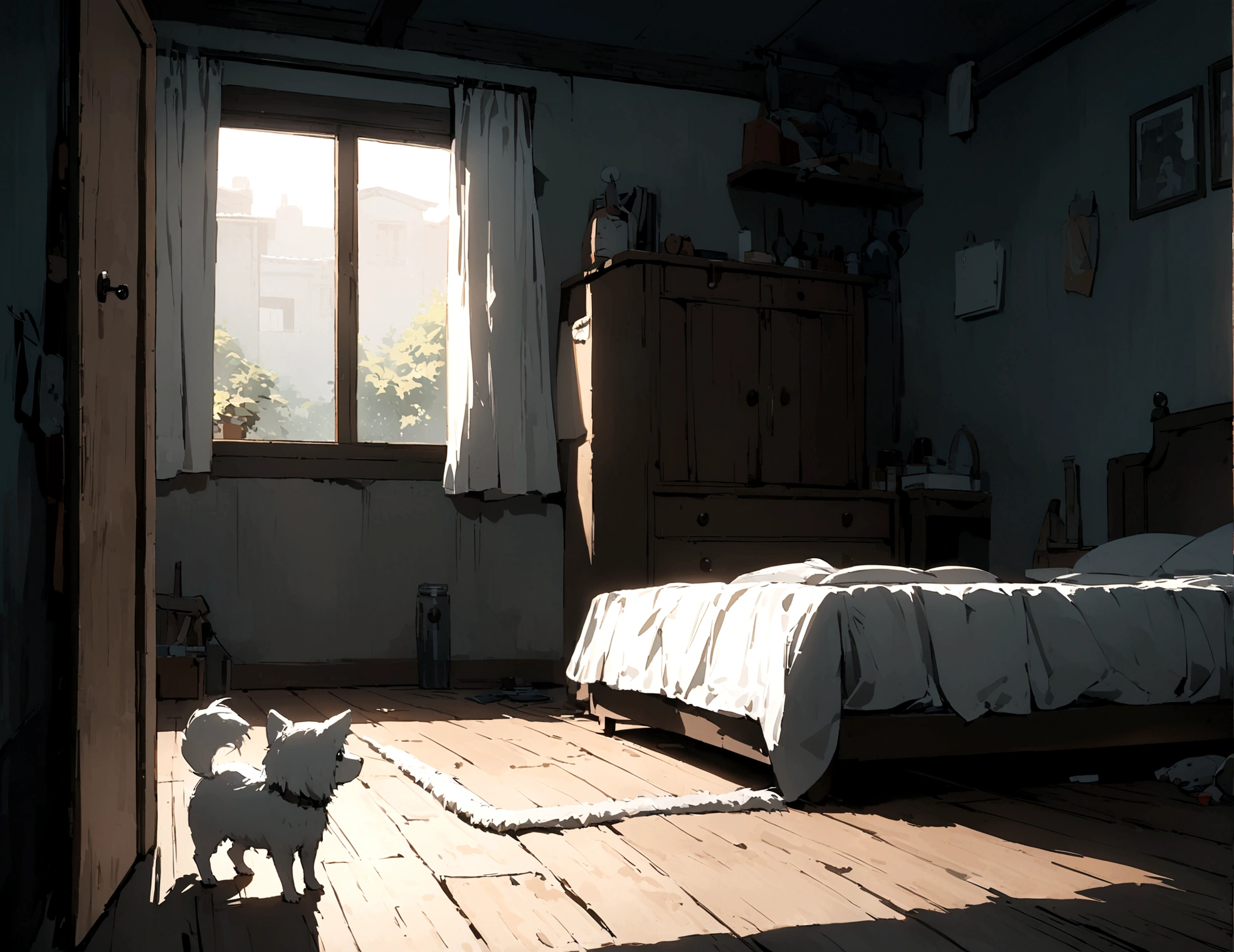 small white dog from front wagging tail sitting on the floor, next to bed, inside a room