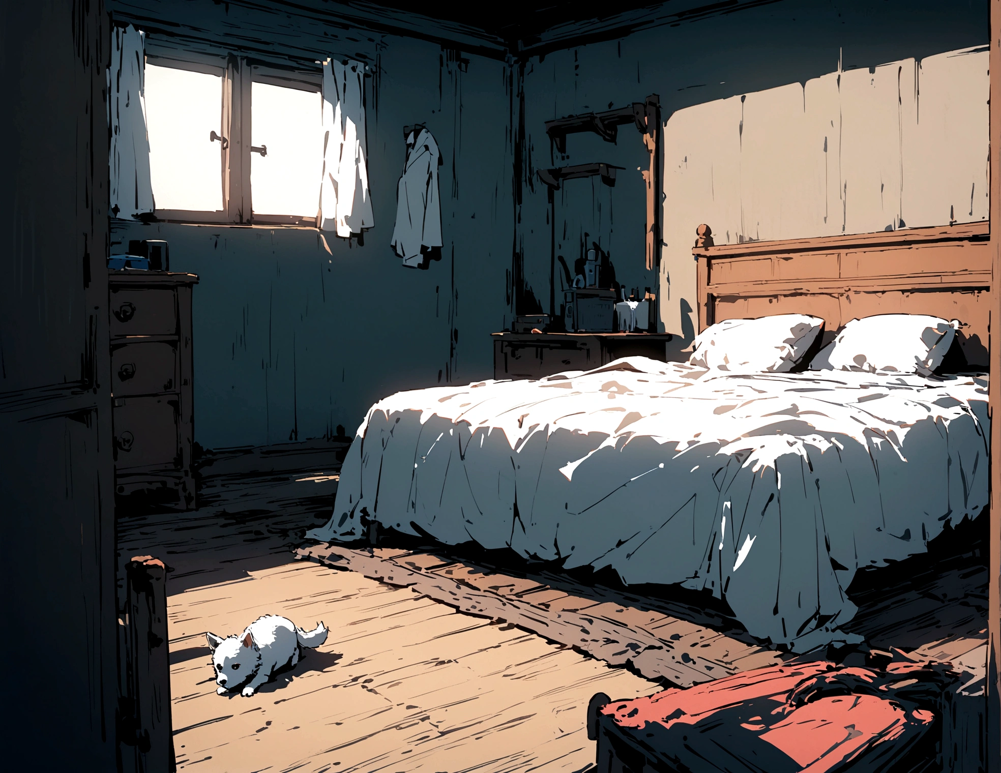 small white dog from front wagging tail sitting on the floor, next to bed, inside a room