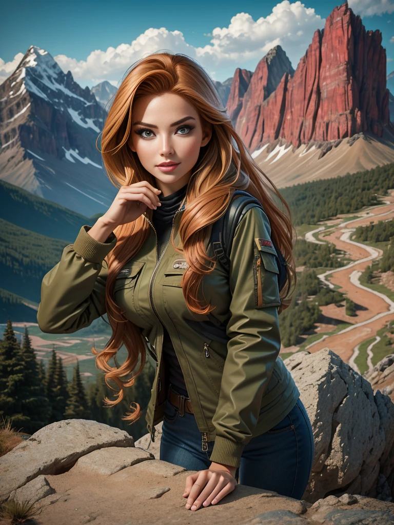 Generate an extremely photorealistic image of a gorgeous professional female Instagram influencer model with long reddish-blonde hair, captivating eyes, on a picturesque hiking trail. She is looking adventurous and free, with mountains in the background. The scene should feature lifelike textures and details, with natural lighting highlighting her adventurous spirit and the majestic mountains. Keywords: 64K, photorealistic, UHD, hyper-detailed, HDR, professional photography, realistic rendering, lifelike, adventurous, hiking trail, mountains.