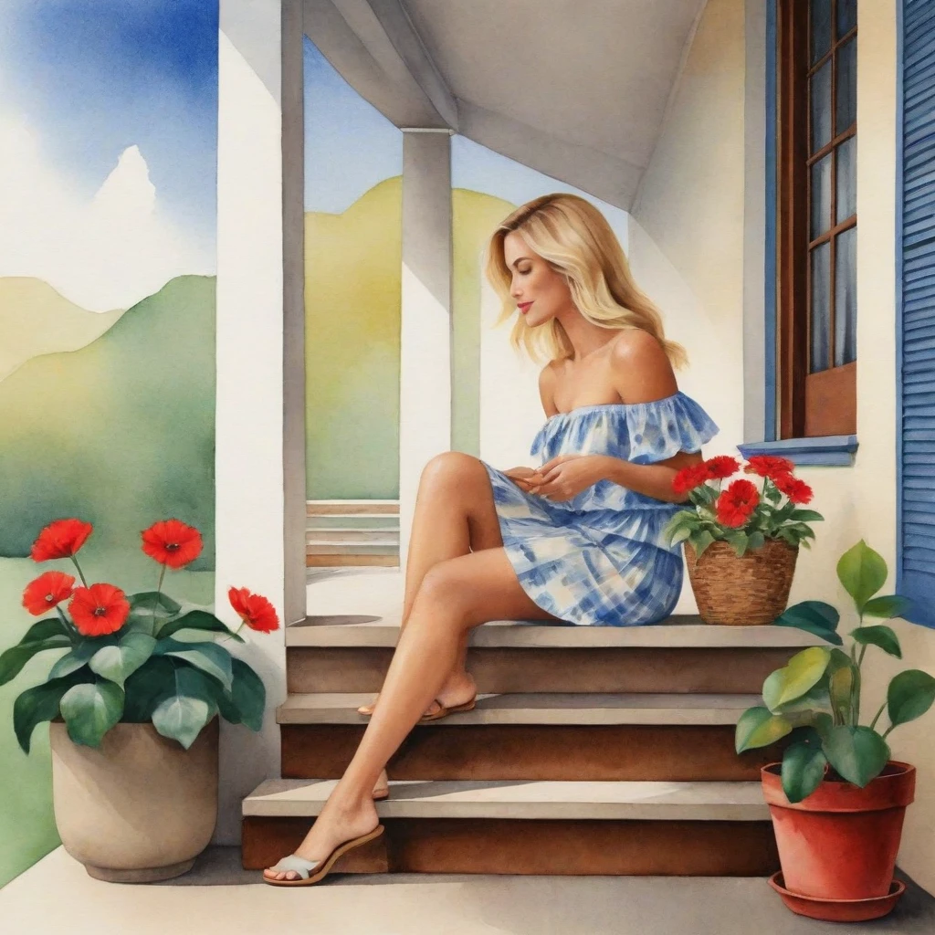 Imagine a serene setting where a Brazilian woman is the centerpiece of a tranquil watercolor scene. She sits comfortably on a concrete porch, her posture relaxed. Her straight blonde hair cascades over her shoulders, providing a lovely contrast to her light blue blouse and floral skirt. The red of her lips adds a pop of color that draws your eye, while her black flip-flops suggest a casual elegance. Beside her, a brown plaid bag rests against the porch railing, hinting at a story yet to be told. The setting is simple yet inviting: a beige wall with a window offering a glimpse of a tranquil interior and potted plants that add a touch of greenery and life to the composition.

