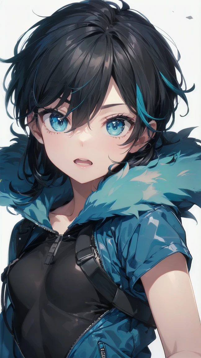 Close-up of a cartoon girl with blue hair and a yellow shirt, 2D Animation, 2D Animation style, 2D Art, 2D Art, 2D from Gorillaz, 2D from Gorillaz, 2D Gorillaz, Screaming Cerket, 2D Sprites, Jinx Face, short hair, hot pants, Small breasts, ((Black Hair, Bright blue fur inside:1.4))