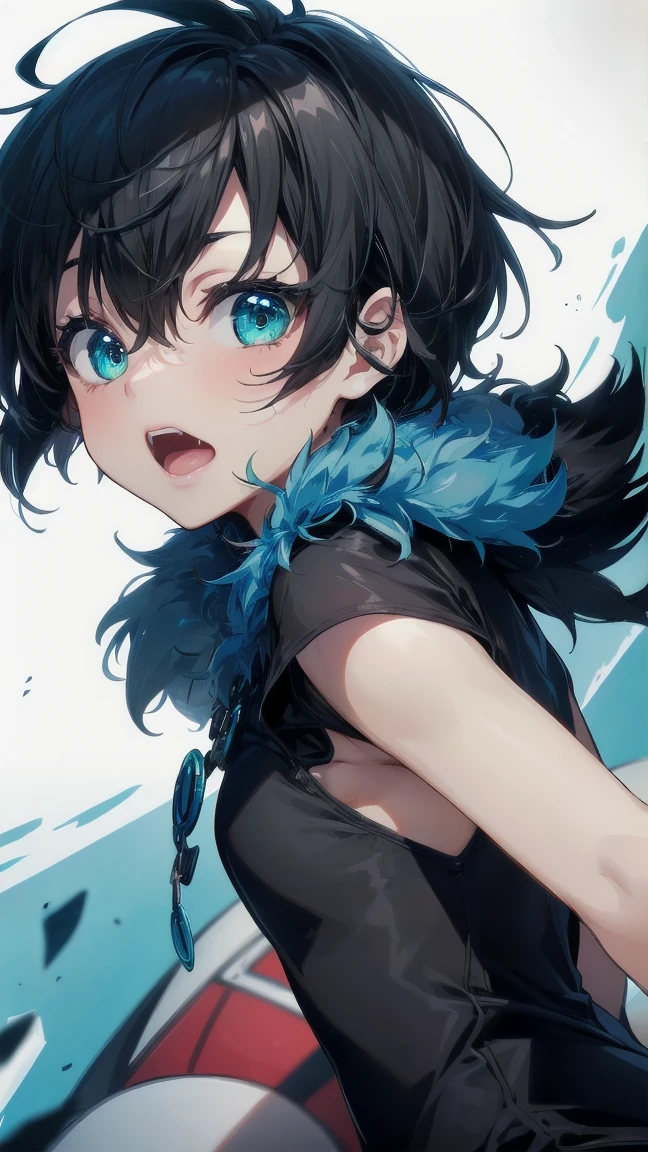 Close-up of a cartoon girl with blue hair and a yellow shirt, 2D Animation, 2D Animation style, 2D Art, 2D Art, 2D from Gorillaz, 2D from Gorillaz, 2D Gorillaz, Screaming Cerket, 2D Sprites, Jinx Face, short hair, hot pants, Small breasts, ((Black Hair, Bright blue fur inside:1.4))