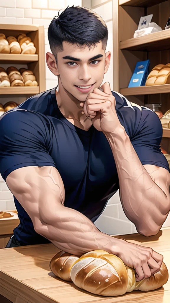 (handsome Man sitting on table eating bread ),(crew cut short hair:1.8),black eye,(Wear a fitted round neck t-shirt in navy with a police badge.:1.5),(fit neck),Navy blue jeans,(black_gloves:1.2), Korean guy,chest muscles,large arm muscles,blood vessel,Big muscles,Broad shoulders, (open mouth:1.2),(face up:1.2),(open eyes:1.5), middle of the road,smile, In the bread shop,