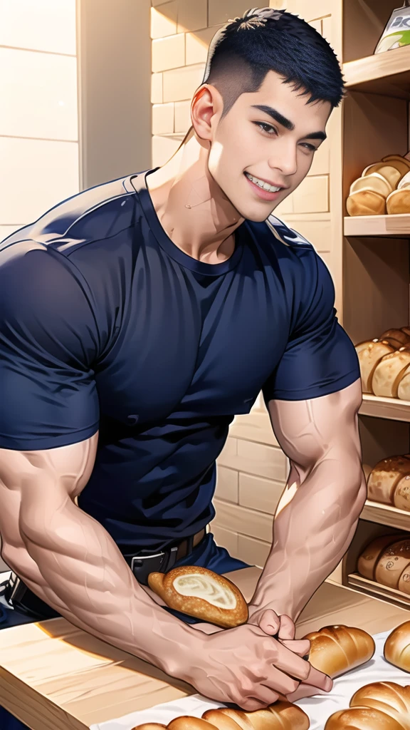 (handsome Man sitting on table eating bread ),(crew cut short hair:1.8),black eye,(Wear a fitted round neck t-shirt in navy with a police badge.:1.5),(fit neck),Navy blue jeans,(black_gloves:1.2), Korean guy,chest muscles,large arm muscles,blood vessel,Big muscles,Broad shoulders, (open mouth:1.2),(face up:1.2),(open eyes:1.5), middle of the road,smile, In the bread shop,