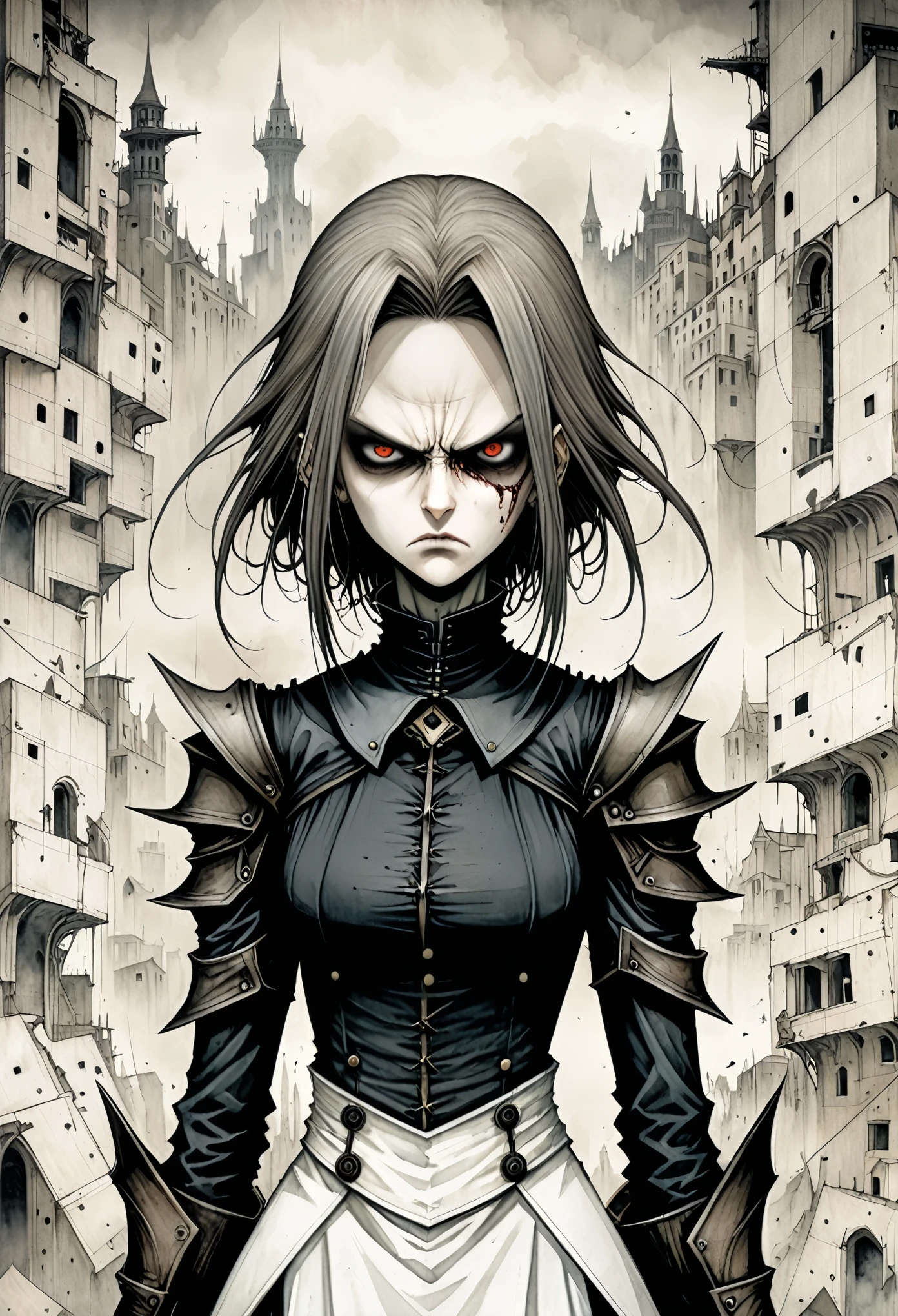 in style of Santiago Caruso, character concept design, female,lococo style,half body,Minimalist style,Architectural design background,dynamic expression,angry,