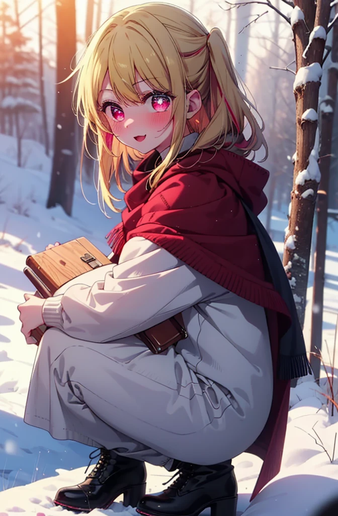 rubyhoshino, Hoshino Ruby, Long Hair, bangs, Blonde, (Pink Eyes:1.3), Side Lock, (Symbol-shaped pupil:1.5), Multicolored Hair, Two-tone hair, smile,,smile,blush,White Breath,
Open your mouth,snow,Ground bonfire, Outdoor, boots, snowing, From the side, wood, suitcase, Cape, Blurred, , forest, White handbag, nature,  Squat, Mouth closed, Cape, winter, Written boundary depth, Black shoes, red Cape break looking at viewer, Upper Body, whole body, break Outdoor, forest, nature, break (masterpiece:1.2), Highest quality, High resolution, unity 8k wallpaper, (shape:0.8), (Beautiful and beautiful eyes:1.6), Highly detailed face, Perfect lighting, Highly detailed CG, (Perfect hands, Perfect Anatomy),