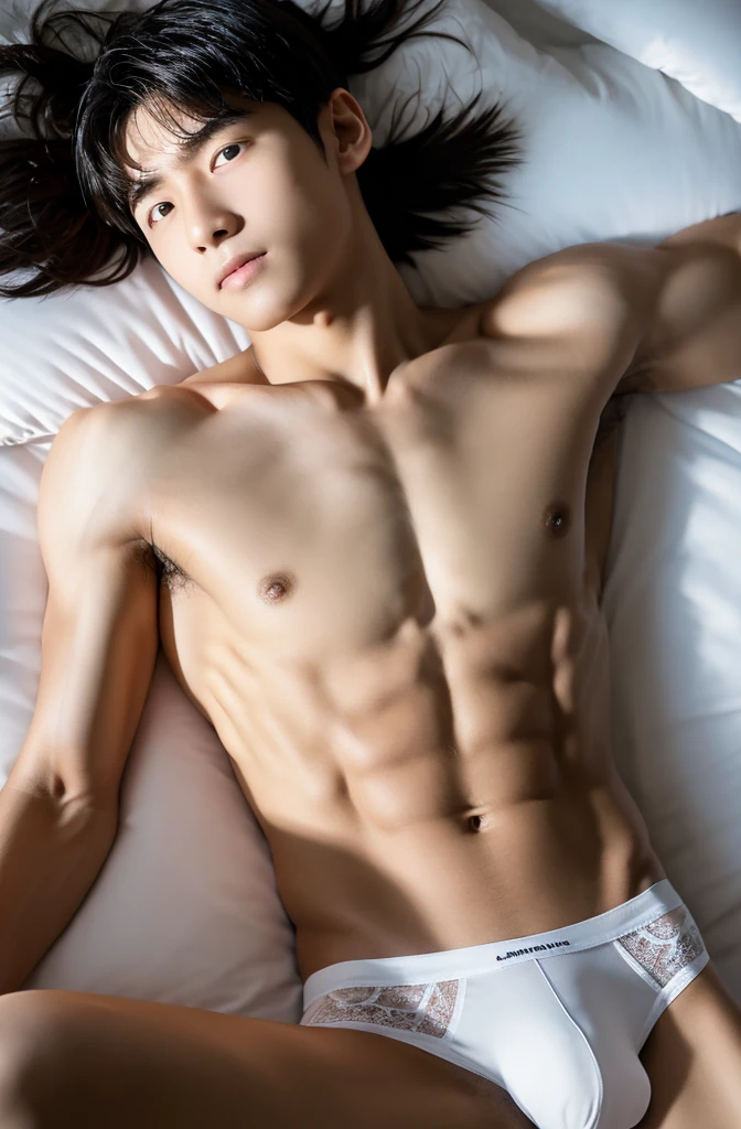 boy, Upper body naked, White underwear ,Smooth Skin, Lie down in bed,Have abdominal muscles, , Differential Fracture Cap, Black Hair, Messy Hair, Modern, Eye-level shot, Hyper HD, masterpiece, Accurate