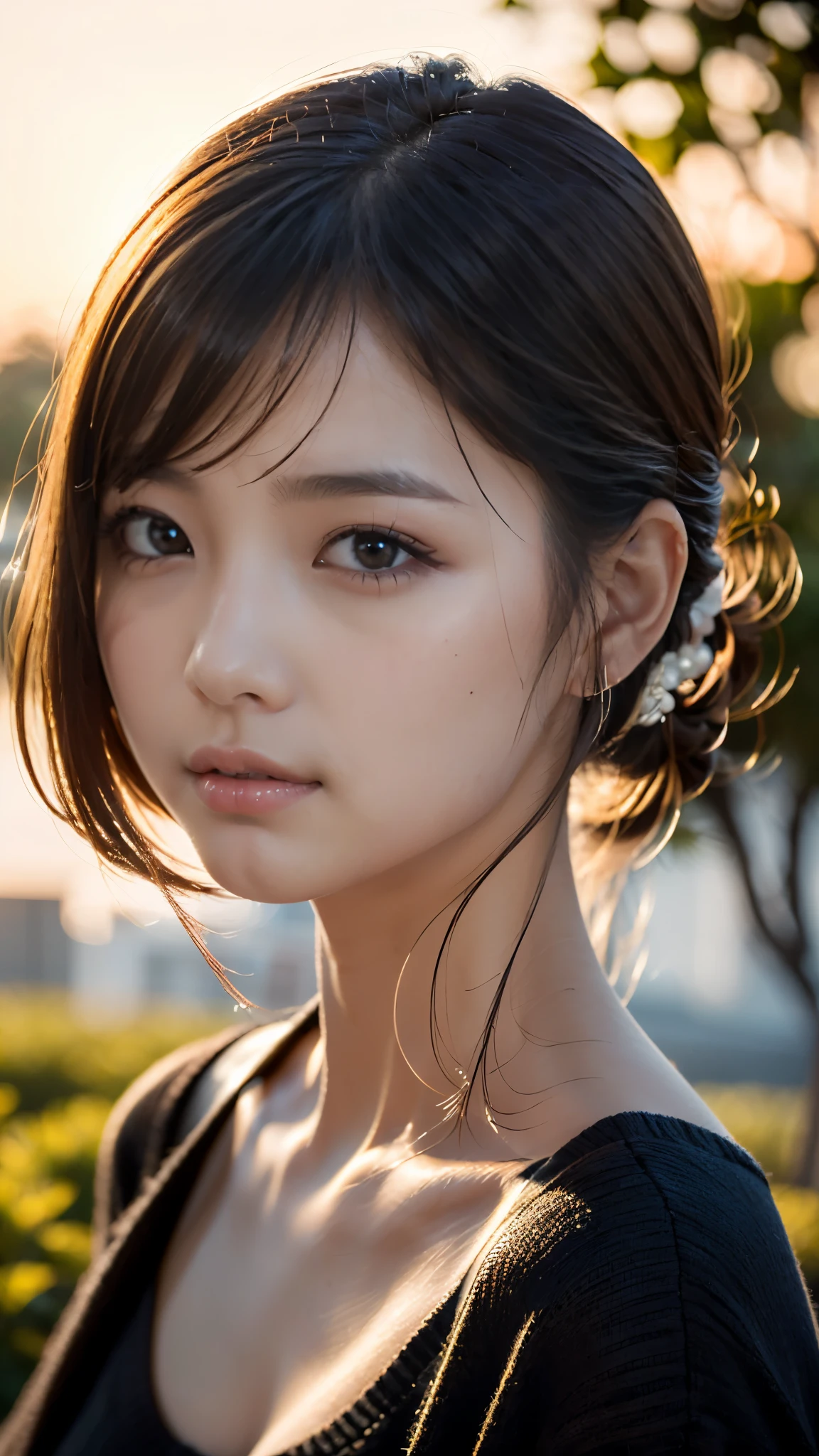 (masterpiece:1.2),(Highest quality),(Very detailed:1.2),(High resolution),(Photorealistic Stick),(RAW Photos),8K,Close-up of a woman in a black sweater,Soft portrait shots,Beautiful Japanese Women,Gorgeous face portrait,Eye light,Girl of the person himself,Very beautiful face,Beautiful portrait,A lovely and delicate face,Beautiful young Japanese woman,Mature hairstyle,Look this way(Sunset in the background),(((Blur the background))),(Gentle light:1.5),(Over the shoulder),(POV shot)