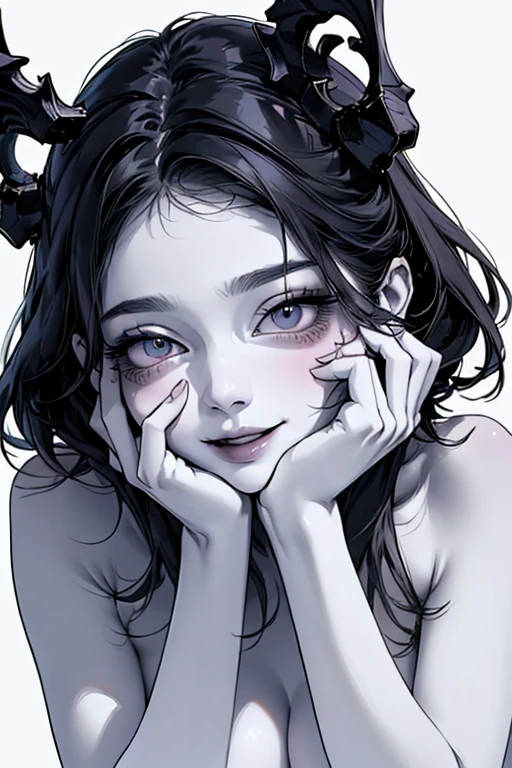 nsfw,pussy,Highest quality, (Background details), High Contrast, Very beautiful woman, topless、Leaning forward、Put your hands together、Detailed original illustrations、functional、Delicate face、Fascinating、Villainess、sexy、Real breasts、Crazy Smile, Crazy Eyes、 Head close-up,Beautiful line art