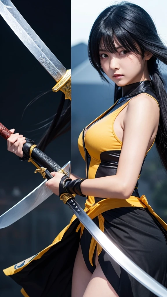 A beautiful black-haired woman transformed into Shinobu Kochou is standing with a sword