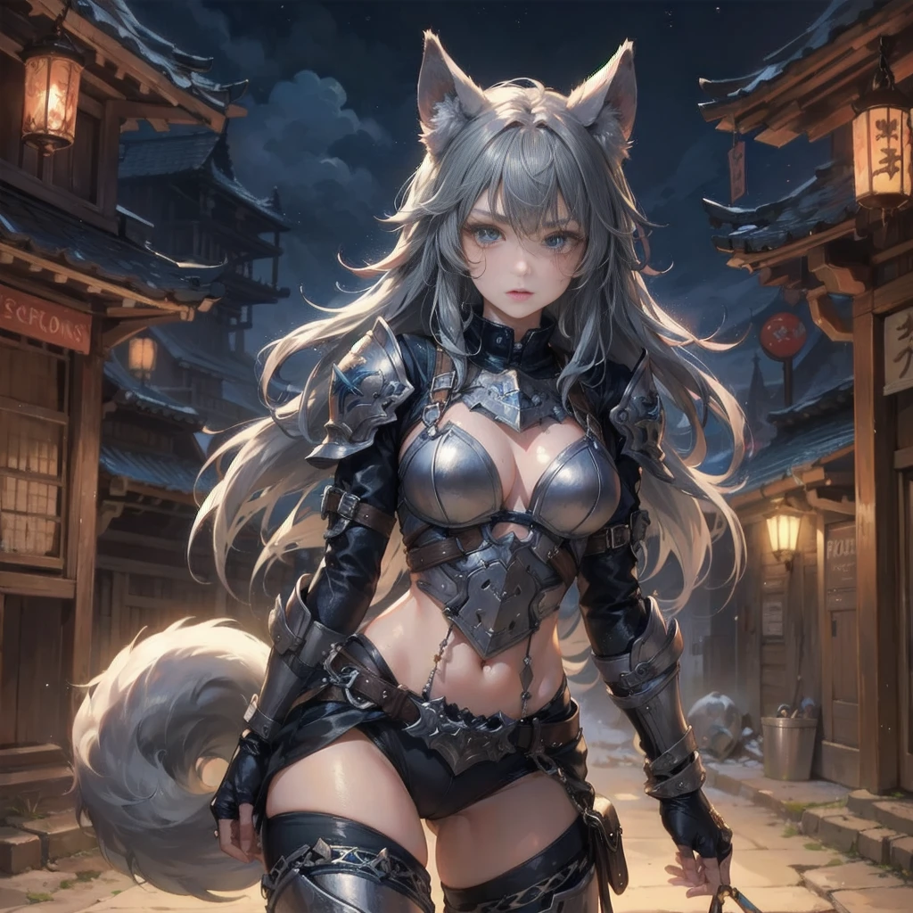 A fantasy Wasteland battles hand-in-hand through a wasteland full of pitfalls. The camera zooms in on the girl, capturing her determination. The cool girl, with wolf ears,wolf tail,  wears thin leather armor and dark cloak. As the zoom progresses, the focus shifts to her hands, highlighting the worn and weathered textures that symbolize her journey and the hardships she has endured. This message is realized in a mixed-media sculptural style, combining elements of metalwork and textile art to represent the characters and their resilience in three-dimensional form.