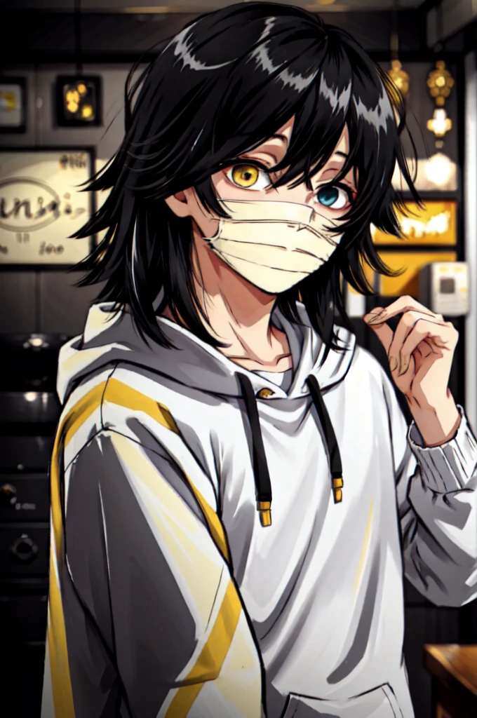 1boy, heterochromia, black hair, yellow eyes, outdoors, blue eyes, hair between eyes,  bangs, iguro obanai,  upper body, hoodie, indoors, cafe, medium hair, 