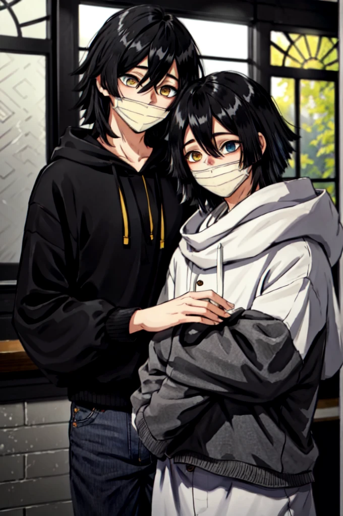 1boy, heterochromia, black hair, yellow eyes, outdoors, blue eyes, hair between eyes,  bangs, iguro obanai,  upper body, hoodie, indoors, cafe, medium hair, 