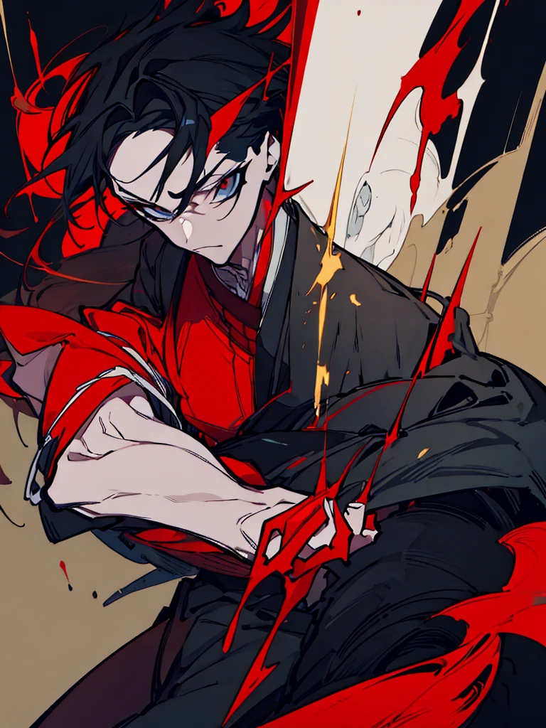 Asian vampire boy with red eyes and black hair, body with tattoos