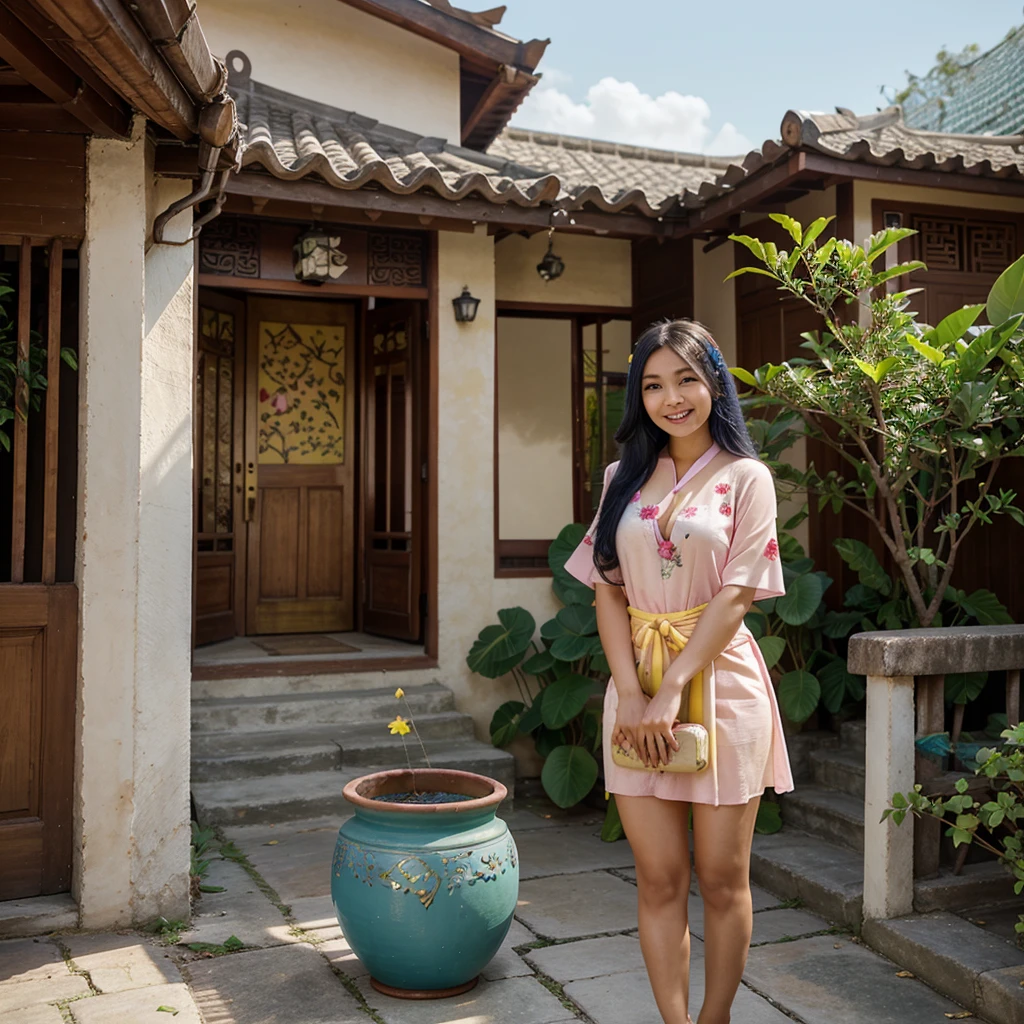 a group of pink yellow FRANGIPANI petals shaped face HELLO KITTY mini, each petal shaped face HELLO KITTY mini, grows with lush leaves in pots. a beautiful Chinese Indonesian woman, long brownish-blue hair, smiling thinly, white red javanese traditional clothes with a shawl dangling around her waist, holding a pot, with the background of the traditional gadang house, around her green and fresh plants 