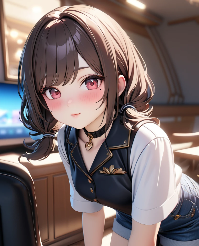 masterpiece, best quality, highly detailed, high resolution, expensive resolution, high resolution, 4K, 8k, uniform 8k wallpaper, highly detailed CG, masterpiece, 2D, 3D, beautiful details, depth, fine texture, best quality: 1.3, perfectly focused, crispy. skin, him, cute anime 20s girl, her name is Mei, idol, expensive brown short twin tails, mole under eye, looking at the viewer, cowboy shorts, expensive, blush, mole, plump lips, heart, pink eyes, heart shaped choker