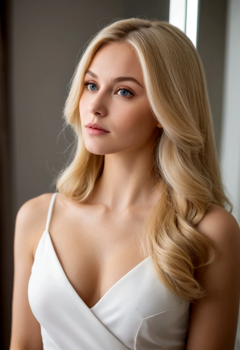 Femme blonde aux cheveux longs et haut blanc se regardant dans le miroir, mulher belle blonde, photo de portrait douce 8k, une belle blonde, femme blonde, traits blonds et attrayants, belle blonde, photo d&#39;une belle femme, blonde belle jeune femme,assise sur un canaper