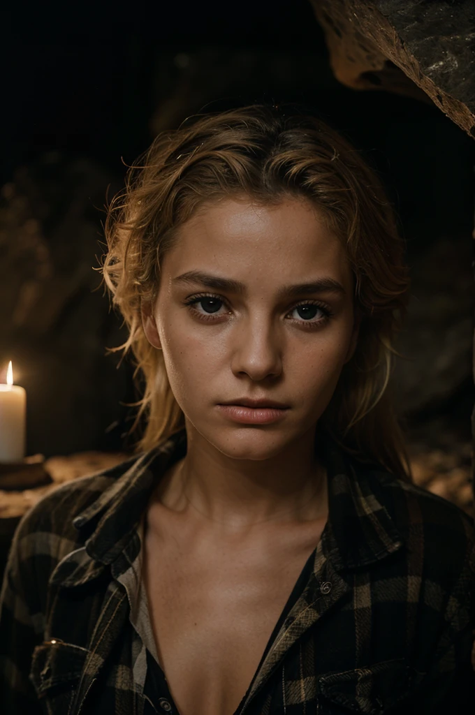 photograph of a woman, (troubled facial expression), textured skin, goosebumps, blonde afro hair, plaid flannel shirt with distressed boyfriend jeans, cowboy shot, dark and mysterious cave with unique rock formations and hidden wonders, perfect eyes, (candlelight,chiaroscuro), Porta 160 color, shot on ARRI ALEXA 65, bokeh, sharp focus on subject, shot by Don McCullin