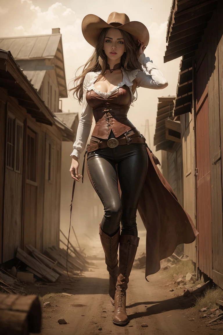 circa 1880s full body western cowboy woman, long brown straight hair, brown eyes, high arched eyebrows, long graceful neck, red lips, large breasts, tight brown leather pants, sleeveless brown leather vest, leather boots, deserted uninhabited North American small town walking on a dusty sandy street with the wind blowing her hair, realistic, photorealistic, photorealistic, horror, dark and gloomy atmosphere with dramatic lighting, dull reddish colors, Foggy environment, detailed facial expressions, Horrible fog