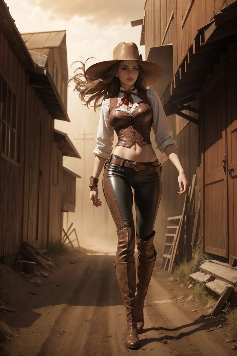 circa 1880s full body western cowboy woman, long brown straight hair, brown eyes, high arched eyebrows, long graceful neck, red lips, large breasts, tight brown leather pants, sleeveless brown leather vest, leather boots, deserted uninhabited North American small town walking on a dusty sandy street with the wind blowing her hair, realistic, photorealistic, photorealistic, horror, dark and gloomy atmosphere with dramatic lighting, dull reddish colors, Foggy environment, detailed facial expressions, Horrible fog