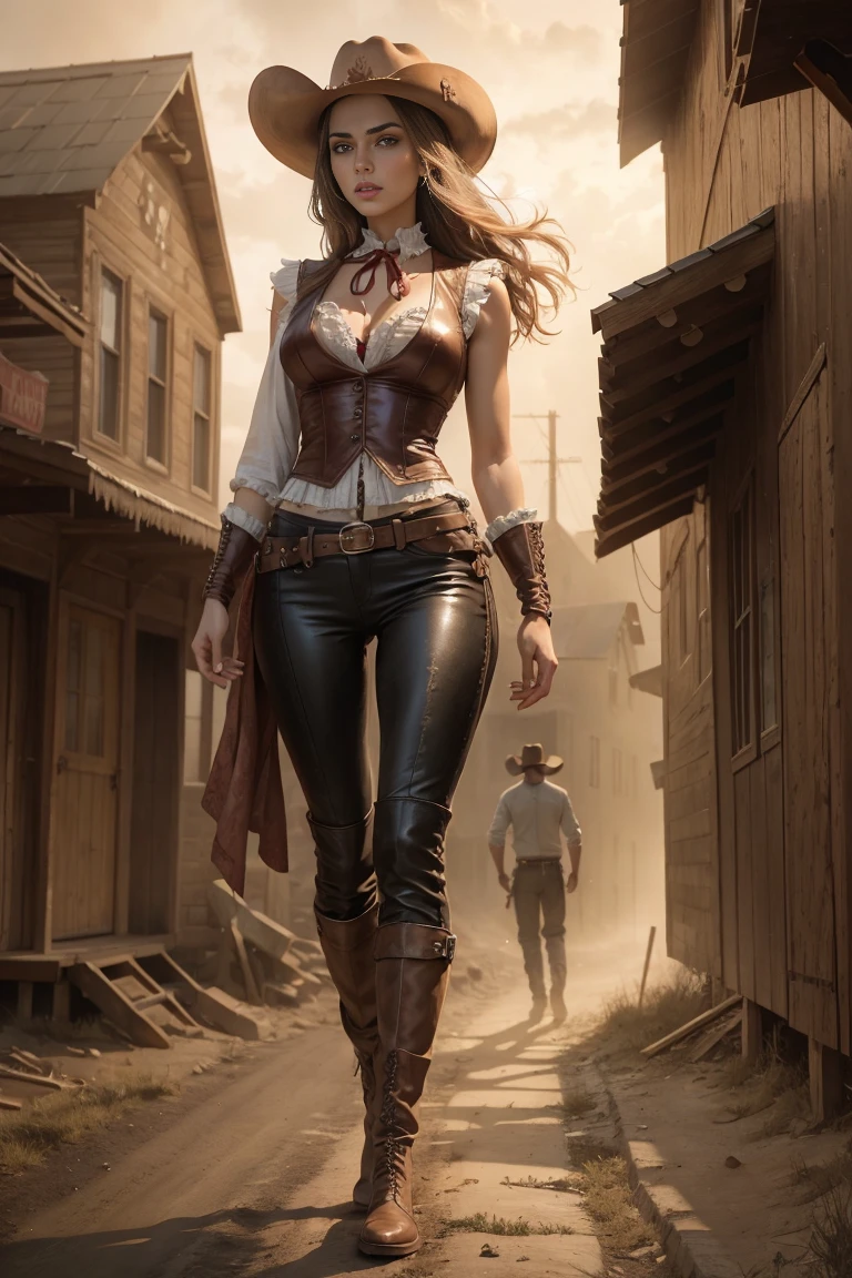 circa 1880s full body western cowboy woman, long brown straight hair, brown eyes, high arched eyebrows, long graceful neck, red lips, large breasts, tight brown leather pants, sleeveless brown leather vest, leather boots, deserted uninhabited North American small town walking on a dusty sandy street with the wind blowing her hair, realistic, photorealistic, photorealistic, horror, dark and gloomy atmosphere with dramatic lighting, dull reddish colors, Foggy environment, detailed facial expressions, Horrible fog