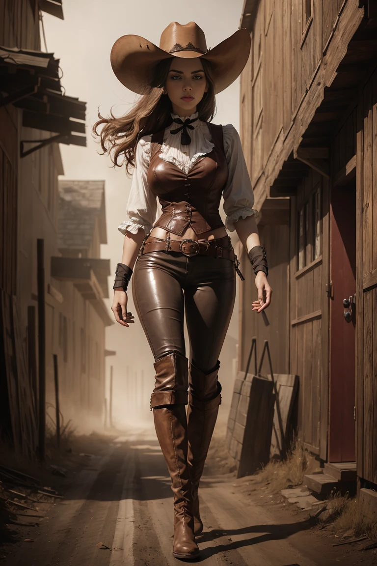 circa 1880s full body western cowboy woman, long brown straight hair, brown eyes, high arched eyebrows, long graceful neck, red lips, large breasts, tight brown leather pants, sleeveless brown leather vest, leather boots, deserted uninhabited North American small town walking on a dusty sandy street with the wind blowing her hair, realistic, photorealistic, photorealistic, horror, dark and gloomy atmosphere with dramatic lighting, dull reddish colors, Foggy environment, detailed facial expressions, Horrible fog