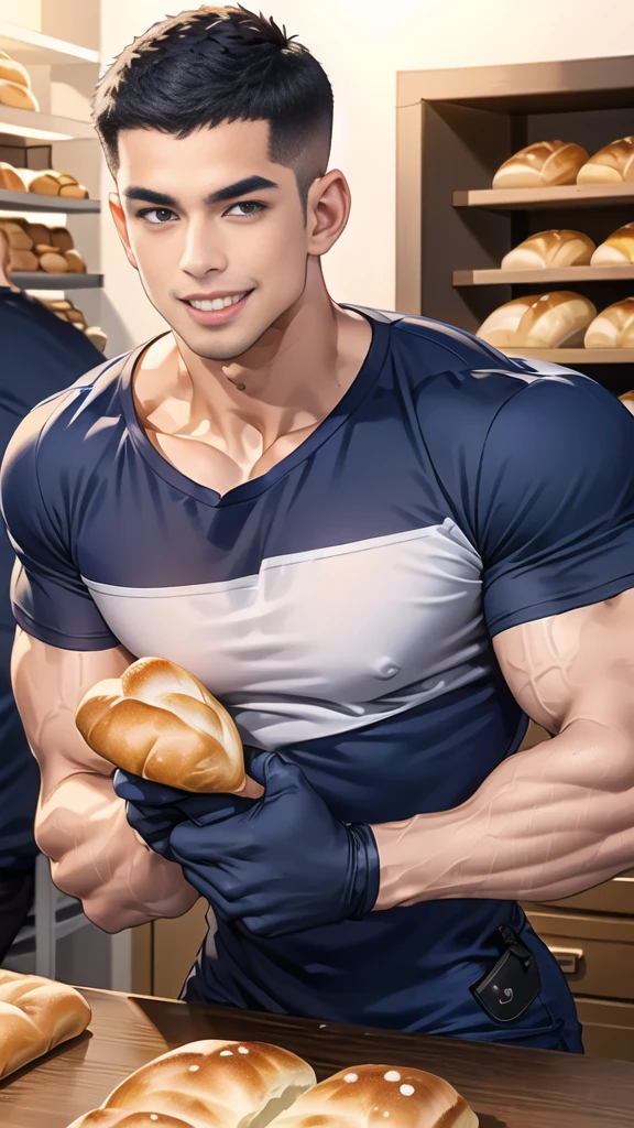 (handsome Man sitting on table eating bread ),(crew cut short hair:1.8),black eye,(Wear a fitted round neck t-shirt in navy with a police badge.:1.5),(fit neck),Navy blue jeans,(black_gloves:1.2), Korean guy,chest muscles,large arm muscles,blood vessel,Big muscles,Broad shoulders, (open mouth:1.2),(face up:1.2),(open eyes:1.5), middle of the road,smile, In the bread shop,