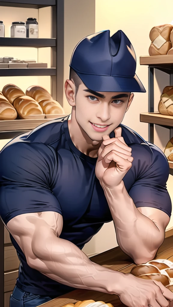 (handsome Man sitting on table eating bread ),(crew cut short hair:1.8),black eye,(Wear a fitted round neck t-shirt in navy with a police badge.:1.5),(fit neck),Navy blue jeans,(black_gloves:1.2), Korean guy,chest muscles,large arm muscles,blood vessel,Big muscles,Broad shoulders, (open mouth:1.2),(face up:1.2),(open eyes:1.5), middle of the road,smile, In the bread shop,