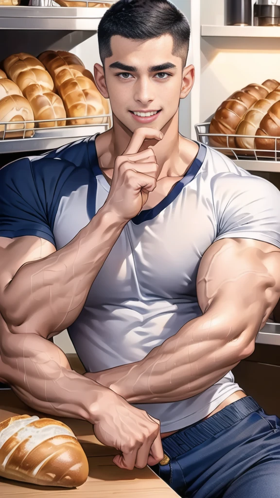 (handsome Man sitting on table eating bread ),(crew cut short hair:1.8),black eye,(Wear a fitted round neck t-shirt in navy with a police badge.:1.5),(fit neck),Navy blue jeans,(black_gloves:1.2), Korean guy, muscles,large arm muscles,blood vessel,Big muscles,Broad shoulders, (open mouth:1.2),(face up:1.2),(open eyes:1.5), middle of the road,smile, In the bread shop,