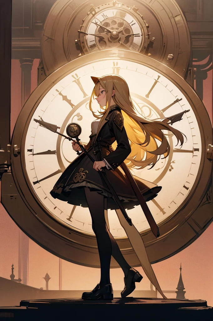 A young steampunk time traveller girl with long blonde hair standing in front of a giant clock with spider limbs protruding behind her facing forward