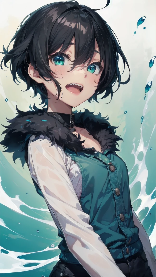 Close-up of a cartoon girl with blue hair and a yellow shirt, 2D Animation, 2D Animation style, 2D Art, 2D Art, 2D from Gorillaz, 2D from Gorillaz, 2D Gorillaz, Screaming Cerket, 2D Sprites, Jinx Face, short hair, hot pants, Small breasts, ((Black Hair, Bright blue fur inside:1.4))