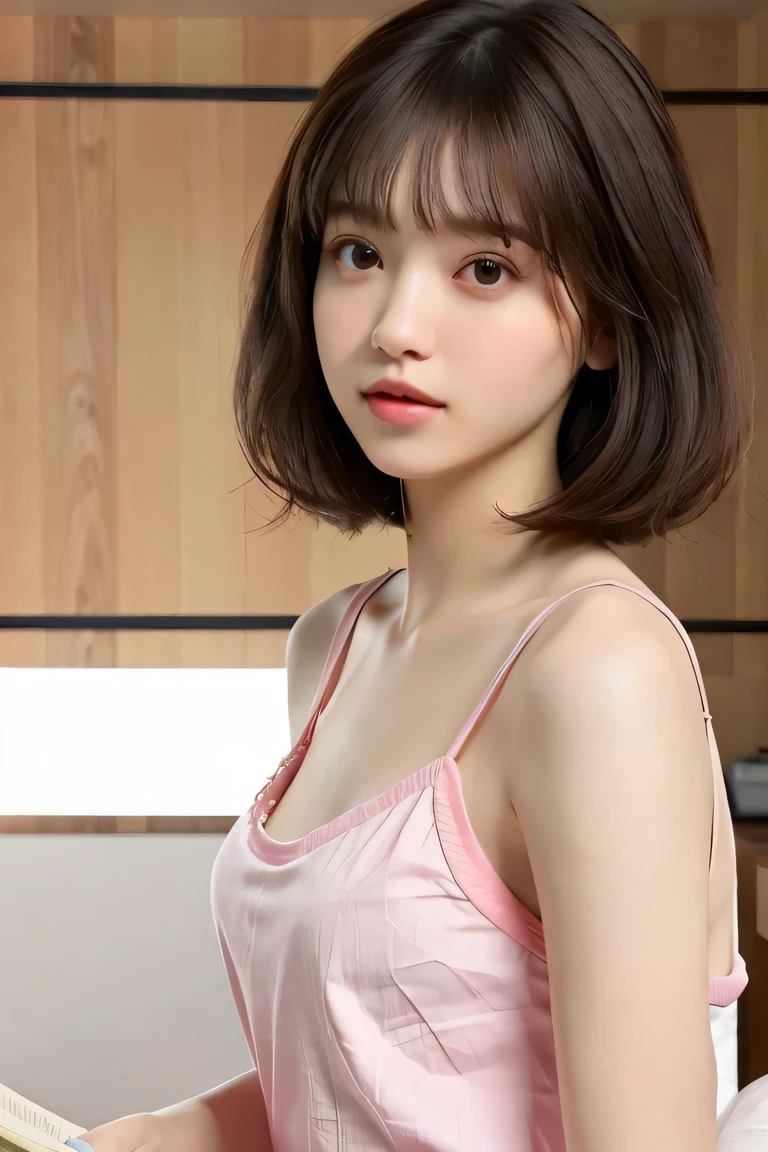 (highest quality, very cute girl) thin and thin eyebrows　light pink camisole, (amazingly beautiful ???????)  ???????????　gravure　side shot, looking at the viewer, 16 years old　 beautiful straight bob hair　flowing bangs　small head, ??????????????, sharp focus, fine skin, eyes and face　The background is beautiful and wide..  luxurious and beautiful living room　bookshelf　open book　(?????? Tutor:1.3)