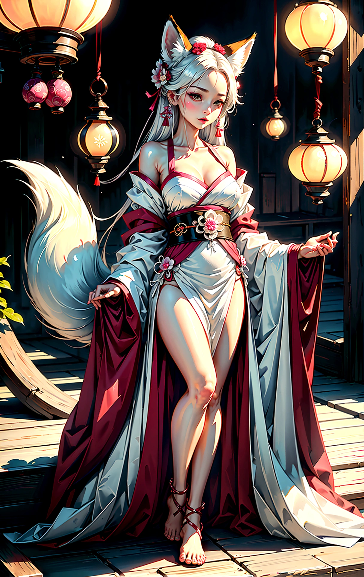 Masterpiece, best quality, full body shot (head and feet in the frame)(highly precise drawing down to the smallest detail)(extremely precise representation)(anatomically correct)a breathtakingly beautiful japanese yokai kitsune (fox goddess) relaxing and showing friendly her fangs with a white foxmask in her hand(very athletic human body, fox ears, more than 3 foxtails)) dressed in peach-magenta-white hanfu clothing worthy of a goddess with a beautiful headdress, fit, small breasts, paper lanterns and peonies, very detailed images, extremely detailed, complicated details, high resolution, super complex details, mfbp1,huli,fox ear,vampy fang