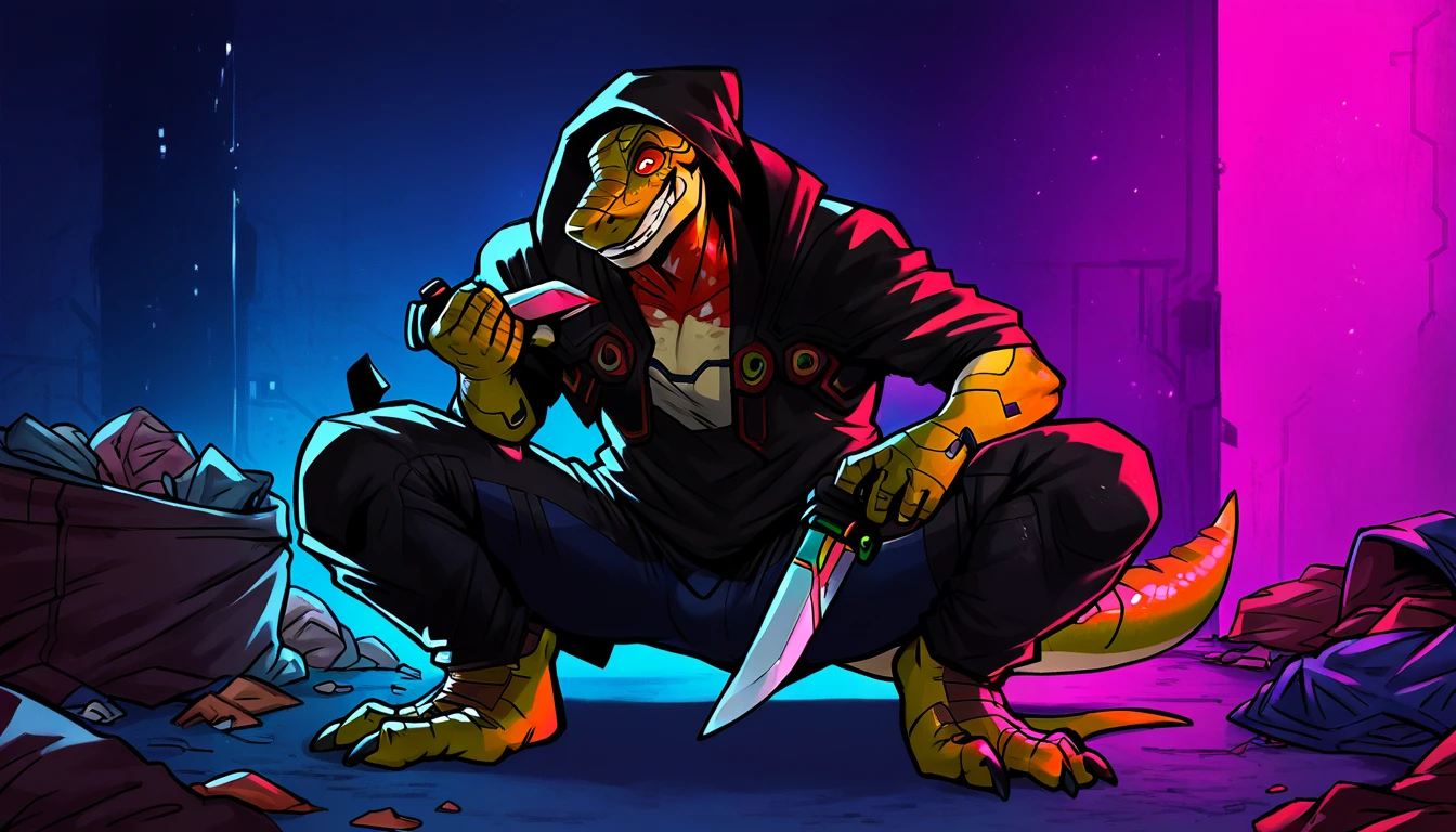 score_9, score_8_up, score_7_up, (cyberpunk, dark night, underground dark room background), (trash, ((lizard:1.2), anthro, male, solo, ((crazy smile, grin)), ((holding knife)), (Squatting, on their haunches), ((wearing cyberpunk style black clothes, hood, hoody, pants:1.5)), lizard skin, lizard scales, short haircut, beautiful), (wearing a cyberpunk augmentations, eyes implants, red eye:1.35)
