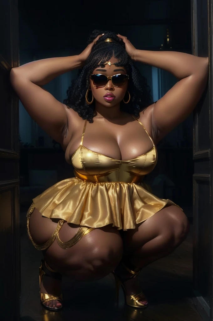 araffe woman in a gold dress and sunglasses squatting on a wooden floor, african domme mistress, thicc, draped in silky gold, lizzo, alluring plus sized model, seductive lady, goddess queen, golden goddess, in a gold one piece swimsuit, curvaceous, gold bra, golden corset, seductive and powerful, thick thighs