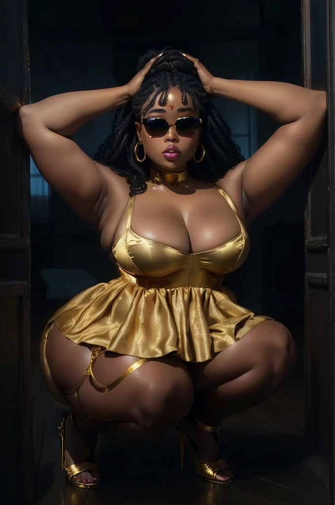 araffe woman in a gold dress and sunglasses squatting on a wooden floor, african ????? mistress, thicc, draped in silky gold, lizzo, alluring plus sized model, ????????? lady, goddess queen, golden goddess, in a gold one piece swimsuit, curvaceous, gold bra, golden corset, ????????? and powerful, thick thighs