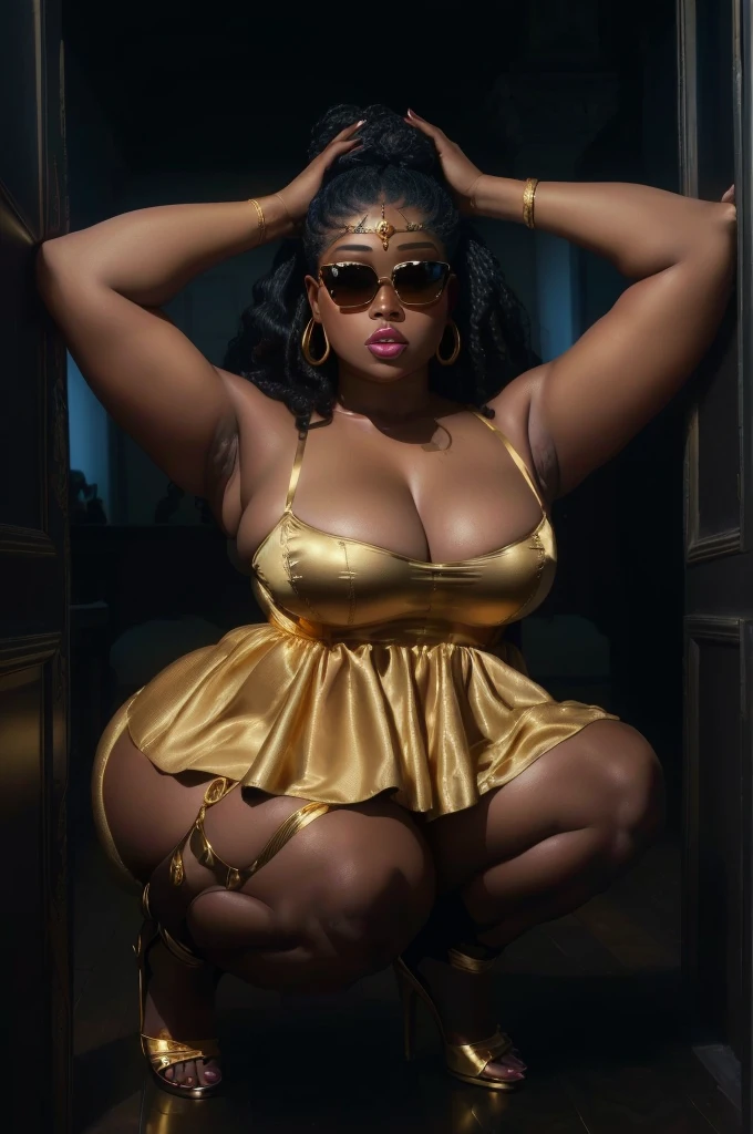 araffe woman in a gold dress and sunglasses squatting on a wooden floor, african domme mistress, thicc, draped in silky gold, lizzo, alluring plus sized model, seductive lady, goddess queen, golden goddess, in a gold one piece swimsuit, curvaceous, gold bra, golden corset, seductive and powerful, thick thighs