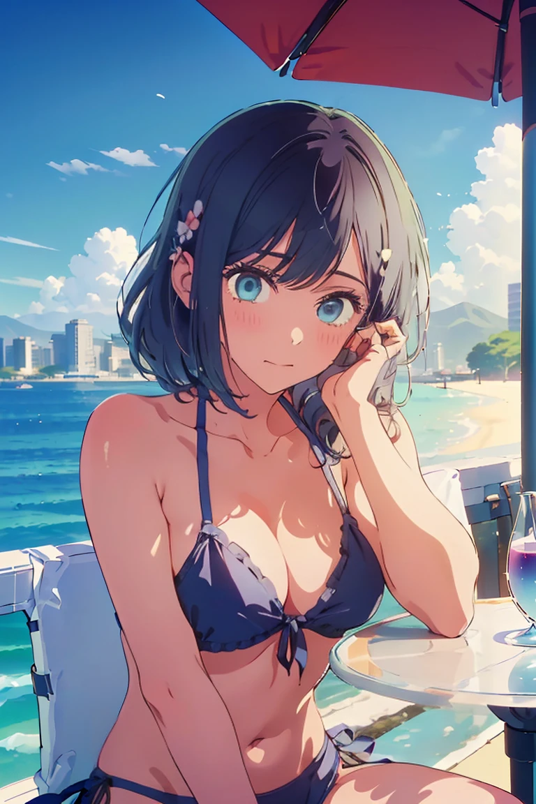 (Highest quality:1.4、8K:1.4、detailed)、F cup bust、Big Breasts、The body is slim、very white beautiful skin、((((1 person、Surprised expression、sit、Chair、In the background you can see the urban buildings of Tokyo.、Looking into the camera、Outdoor cafe terrace、Coastal、Navy hair color、juice、Shot up close、table、Very cute face))))、((((Bikini Nude))))、(Pose with hands tucking hair behind ears:1.4)、Very blue sky、cloudless sky