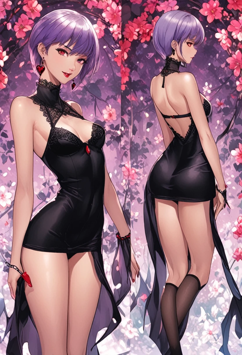 (anime, masterpiece, intricate:1.1), summer aestetic background, comics_darkstalkers_morrigan_aensland, Slender hips, slim stomach, thin waist, sexy posing, back view, aesthetically pleasing rear view, one girl, looking at viewer, medium teardrop-shaped breasts, slim body, violet hair, violet eyes,  black dress, black garter stockings, very short , , heart shaped earrings, girly decorations, solo, flowers, modest smile, bright red lipstick, painted nails (red)