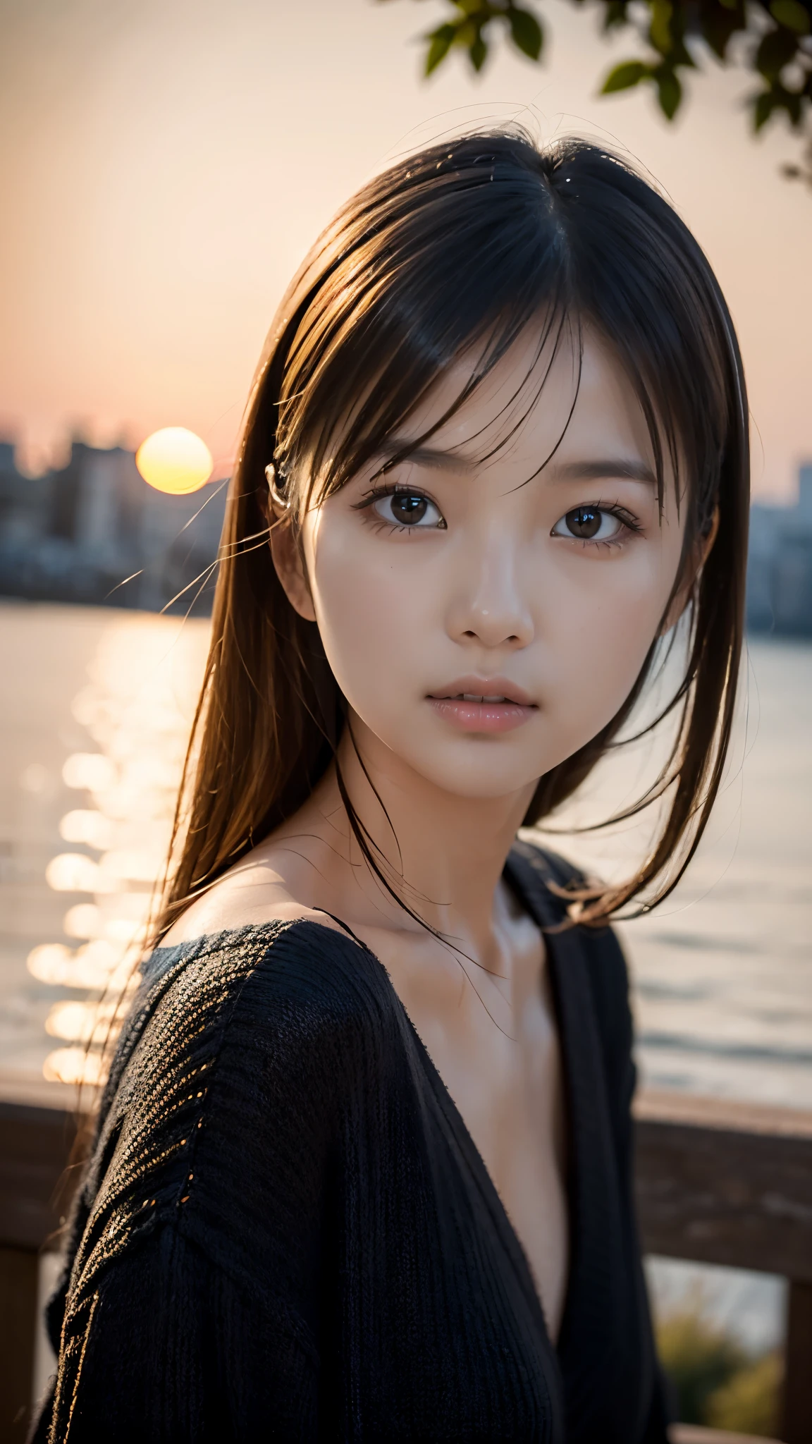 (masterpiece:1.2),(Highest quality),(Very detailed:1.2),(High resolution),(Photorealistic Stick),(RAW Photos),8K,Close-up of a woman in a black sweater,Soft portrait shots,Beautiful Japanese Women,Gorgeous face portrait,Eye light,Girl of the person himself,Very beautiful face,Beautiful portrait,A lovely and delicate face,Beautiful young Japanese woman,Mature hairstyle,Look this way(Sunset in the background),(((Blur the background))),(Gentle light:1.5),(Over the shoulder),(POV shot)