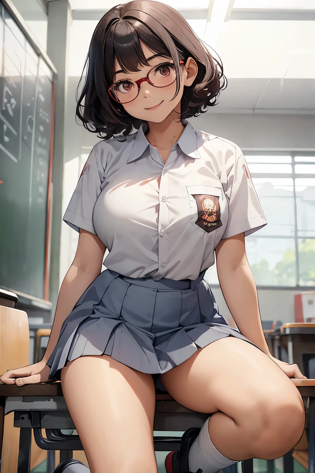 1 woman, , curly bob hair, plump body, red eyes, Indonesian high-school uniform, wearing (round frame glasses), (white transparent shirt), osis logo on shirt pocket, big breasts, light-grey pleated skirt, squat pose, spread legs, full body shot, smiling, in the classroom.