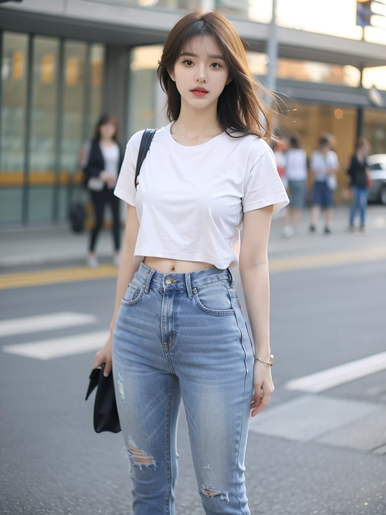 ((best quality)), ((masterpiece)), (detailed), 1 woman, jeans, white tee, Denim, skinny, korean, Korean idols, thick thighs, knee, tight pants, standing, wide pelvis,
