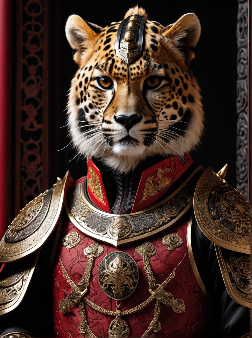 RAW photos，Lifelike photos of anthropomorphic creatures，Complex Ultra Detailed（Full body image）A ferocious cheetah warrior，Wearing a complete set(Carcass Armor)and a(Beautifully decorated large(Spade Helmet)Samurai helmet)，(Beautiful embroidery)，Shiny armor plates，Detailed different textures，((Specular Highlights))，(Subsurface scattering)，((150 mm))，Volumetric Light，HDR，((Extremely complex))，(Intricate details)，grace，Beautiful background，Octane Rendering，8K，Best quality，masterpiece，Extremely delicate and beautiful，Extremely detailed，(lifelike，照片般lifelike:1.5)，amazing，Fine details，masterpiece，Best quality，Official Art，Extremely detailed的8K壁纸，(great composition)，Exotic decoration，HDR，High contrast，Big head inside helmet，Red black gold，Soft edge light，(Exposure Blending)，Cute paws，The katana is tied around the waist，majesty，victory，mighty